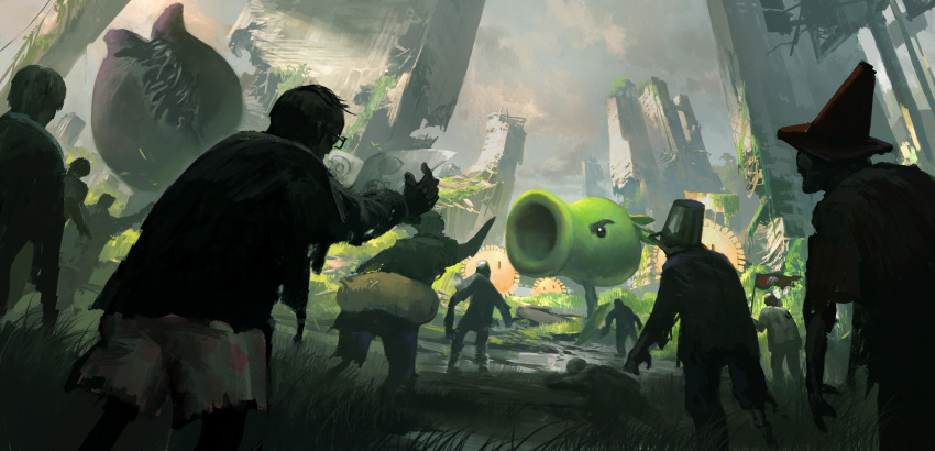 6+boys abandoned absurdres bald boxers bucket bucket_on_head building carnivorous_plant chomper_(plants_vs._zombies) cloud cloudy_sky commentary_request crawling dappled_sunlight facing_another facing_away flag glasses grass grey_sky highres holding holding_flag holding_newspaper leo-dont-want-to-be-a-painter male_underwear multiple_boys nature newspaper object_on_head on_grass outdoors outstretched_arms pants peashooter_(plants_vs._zombies) plants_vs._zombies puddle ruins scenery shade shirt shorts sky sunflower_(plants_vs._zombies) sunlight torn_clothes torn_pants torn_shirt torn_shorts traffic_cone traffic_cone_on_head undead underwear water zombie zombie_pose