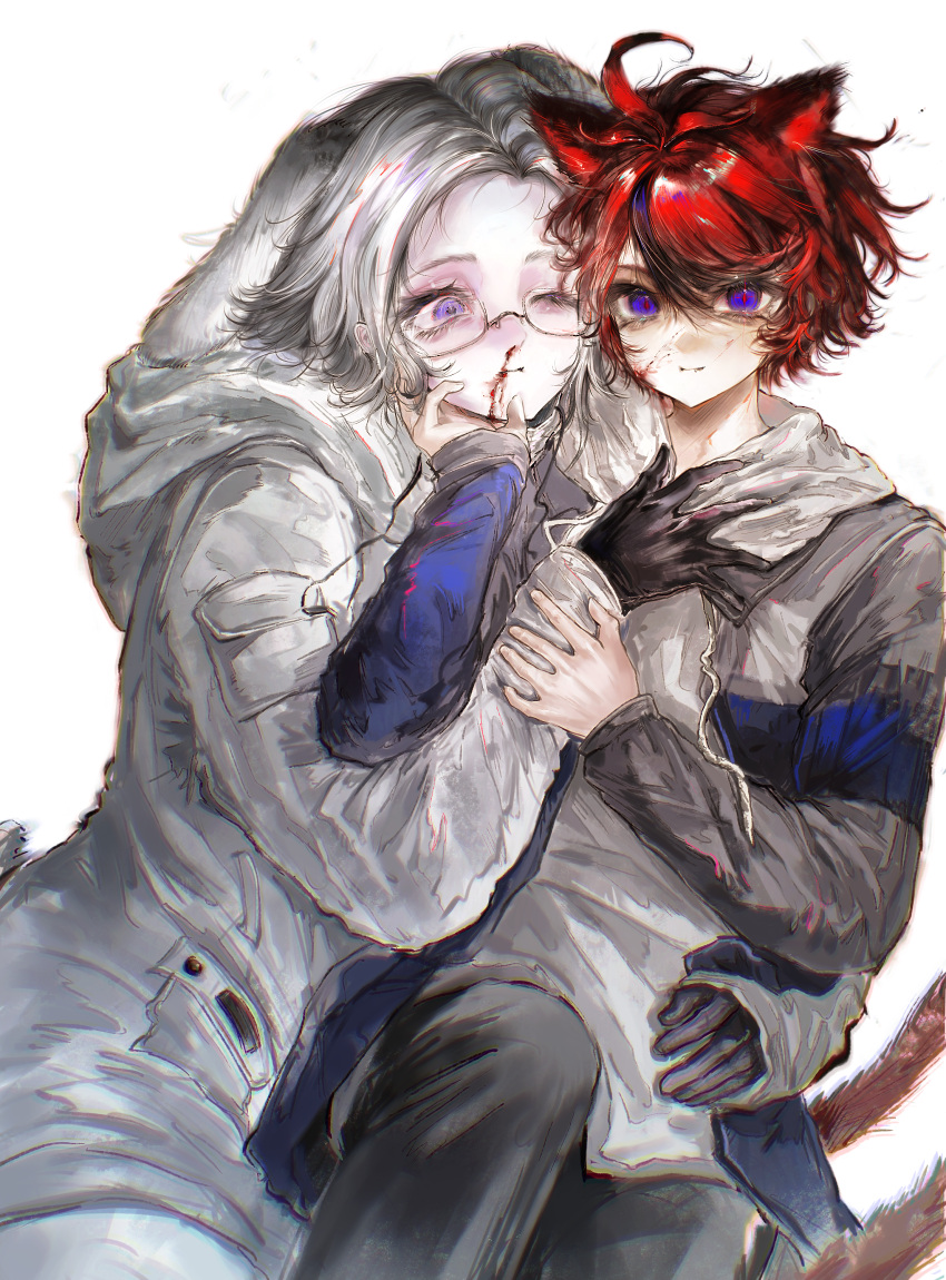 2boys absurdres ahoge animal_ears aotsuki_eito black_gloves black_hair black_pants blood blood_on_face blue_eyes blue_jacket cat_boy cat_ears cat_tail chinese_commentary closed_mouth commentary_request drawstring extra_ears eyelashes fang fang_out glasses gloves grey_hair grey_jacket hair_between_eyes hand_on_another's_arm hand_on_another's_chest hand_on_another's_chin hand_on_another's_waist highres hood hood_down hooded_jacket hoodie jacket jacket_over_hoodie kemonomimi_mode long_sleeves lop_rabbit_ears male_focus multicolored_hair multicolored_jacket multiple_boys nosebleed one_eye_closed open_clothes open_jacket pants pocket procreate_(medium) rabbit_boy rabbit_ears rabbit_tail rectangular_eyewear red_hair red_pupils semi-rimless_eyewear short_hair simple_background slit_pupils smile streaked_hair sumino_takumi tail the_hundred_line_-last_defense_academy- two-tone_hair two-tone_jacket variant_set white_background white_hoodie white_jacket white_pants yanrenxi20831 yaoi
