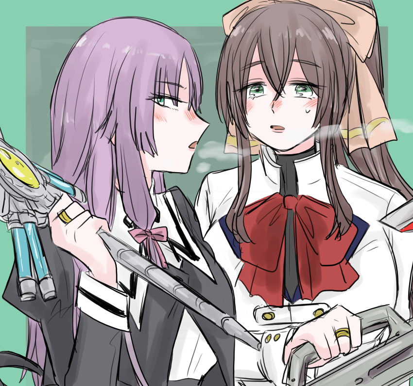 2girls aqua_eyes arm_at_side assault_lily banshouya_ena black_ribbon blush border bow bowtie breath brown_bow brown_hair commentary cropped_jacket crossed_bangs green_background green_border green_eyes hair_between_eyes hair_bow hair_ribbon hand_up herensuge_girls_academy_school_uniform high_ponytail highres holding holding_weapon jacket jewelry long_hair long_sleeves looking_at_another looking_at_viewer looking_to_the_side low-tied_sidelocks multiple_girls neck_ribbon nose_blush outside_border over_shoulder parted_lips pink_ribbon ponytail profile purple_hair red_bow red_bowtie ribbon ring school_uniform serizawa_chikaru shirt sidelocks sideways_glance sweatdrop upper_body weapon weapon_over_shoulder white_jacket white_shirt yamada_(ymdgrak) yurigaoka_girls_academy_school_uniform