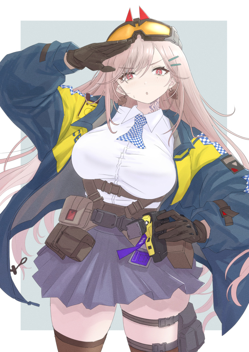 1girl :o arm_up ascot belt belt_pouch blue_jacket blush breasts brown_gloves brown_thighhighs checkered_ascot commentary cowboy_shot earrings eyewear_on_head girls'_frontline gloves grey_skirt hair_between_eyes hair_ornament hairclip hand_on_own_hip heart heart_earrings highres jacket jewelry large_breasts long_hair looking_at_viewer mole mole_under_eye monodrive neck_tattoo open_clothes open_jacket parted_lips pink_hair pleated_skirt police police_uniform policewoman pouch red_eyes safety_glasses salute shirt sidelocks sig_mcx_(girls'_frontline) skindentation skirt solo standing swept_bangs taser tattoo thigh_pouch thighhighs utility_belt white_shirt zettai_ryouiki