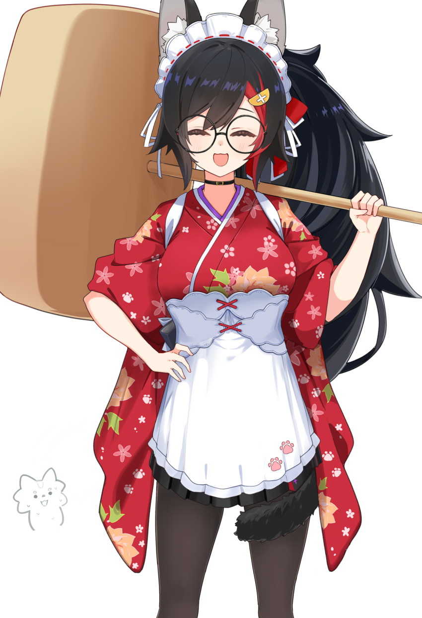 1girl :3 ^_^ animal_ears apron black_hair black_pantyhose carrying_over_shoulder closed_eyes commentary_request cowboy_shot floral_print food-themed_hair_ornament giant_hammer glasses hair_ornament hand_on_own_hip haseneko highres holding holding_mallet hololive japanese_clothes kimono kine lemon_hair_ornament long_hair maid_headdress mallet ookami_mio ookami_mio_(new_year) open_mouth pantyhose paw_print ponytail red_hair red_kimono short_sleeves single_hair_streak smile solo swept_bangs tail tail_around_own_leg very_long_hair virtual_youtuber white_apron wide_sleeves wolf_ears wolf_girl wolf_tail
