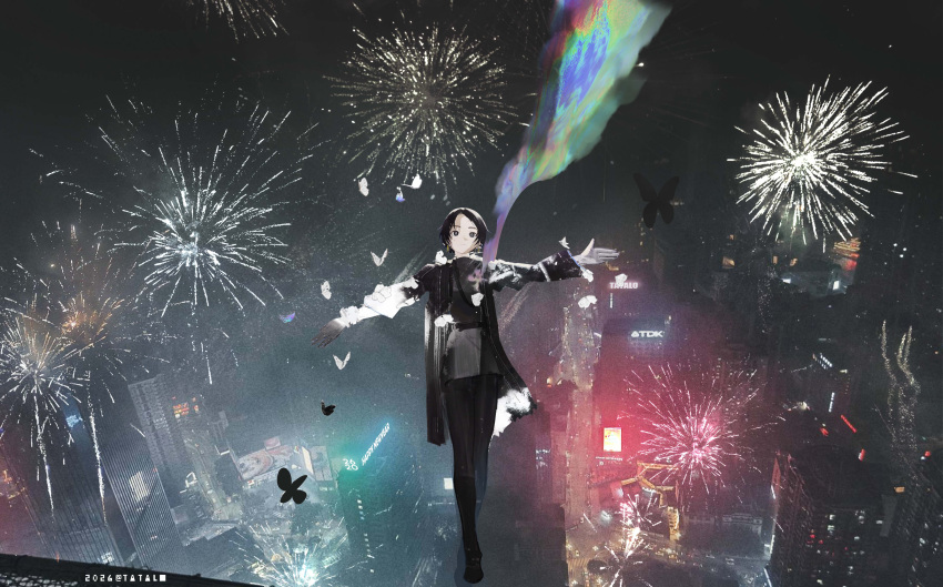 1girl absurdres black_coat black_eyes black_hair black_pantyhose bug building butterfly city cityscape coat earrings euroroyan fireworks highres jewelry long_coat night open_clothes open_coat original pantyhose scenery short_hair skyline skyscraper solo