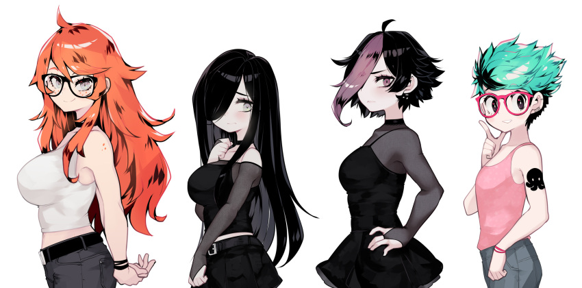 4girls amora_allegro aria_wintermint arms_behind_back beamed_eighth_notes belt black-framed_eyewear black_belt black_choker black_dress black_eyes black_hair black_pants black_tank_top blush breasts bust_chart choker commentary cowboy_shot crop_top dress earrings emo_fashion english_commentary freckles from_side green_hair grey_eyes hair_over_one_eye hand_on_own_hip hand_up highres index_finger_raised jewelry kaz_asteri large_breasts lineup long_hair looking_at_viewer medium_breasts midriff mika_(paroro) multicolored_hair multiple_girls musical_note orange_hair original pants parororo pink_tank_top purple_eyes purple_hair short_hair simple_background small_breasts smile streaked_hair tank_top tattoo undercut very_long_hair white_background white_tank_top