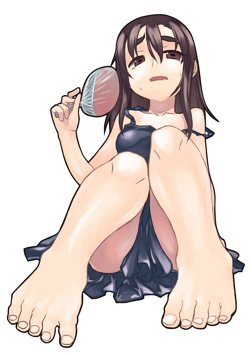 barefoot dress eyebrows fan feet foreshortening highres legs original paper_fan pirocch simple_background sitting solo strap_slip sweat toes uchiwa