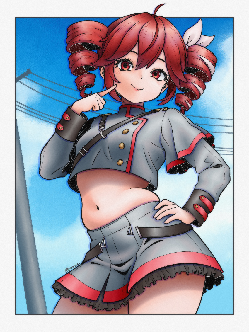 1girl absurdres ahoge antilerhour artist_name cloud cloudy_sky commentary cropped_jacket day drill_hair english_commentary frilled_skirt frills grey_jacket hair_ribbon hand_on_own_hip highres jacket kasane_teto kasane_teto_(sv) looking_at_viewer miniskirt navel red_eyes red_hair red_skirt ribbon skirt sky smile solo standing synthesizer_v twin_drills utau utility_pole