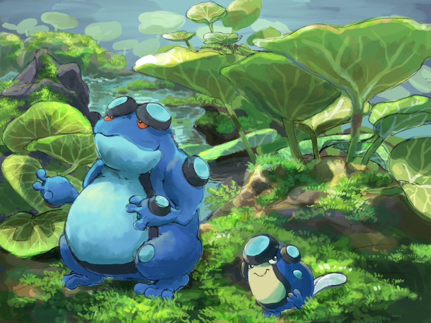 closed_mouth commentary_request doneko_(dneko0123) evolutionary_line fern full_body grass highres no_humans outdoors palpitoad plant pokemon pokemon_(creature) pokemon_focus rock seismitoad smile water