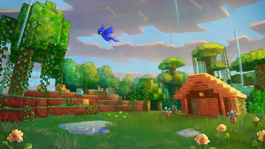 bird blue_flower blue_sky cloud commentary_request devil_uo flower flower_pot flying full_body grass house jungle minecraft nature no_humans outdoors parrot parrot_(minecraft) plant puddle pumpkin rain reflection reflective_liquid ripples scenery sky solo tree vines water white_flower yellow_flower