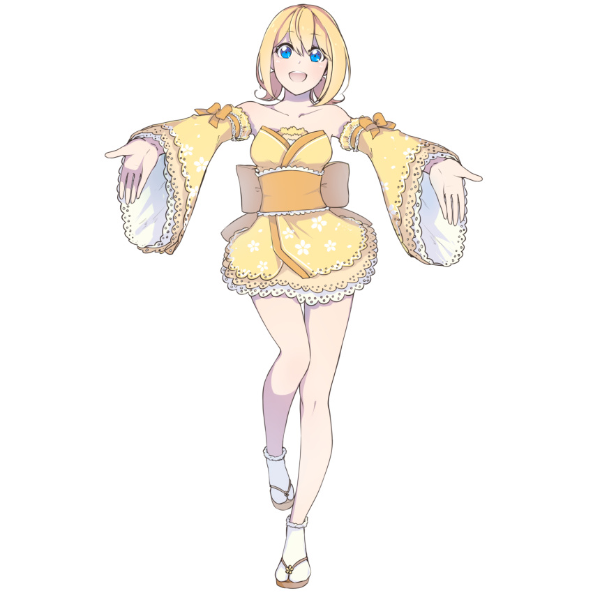 1girl blonde_hair blue_eyes bow breasts detached_sleeves floral_print frilled_sleeves frills full_body hair_between_eyes highres japanese_clothes kimono light_blush looking_at_viewer low_twintails non-web_source official_alternate_costume official_art open_mouth outstretched_arms sandals short_hair short_twintails sidelocks simple_background small_breasts socks solo standing standing_on_one_leg straight-on strapless_kimono tachi-e taiyo_ami transparent_background twintails utau white_socks wide_sleeves yellow_bow yellow_kimono yellow_sleeves yen-mi