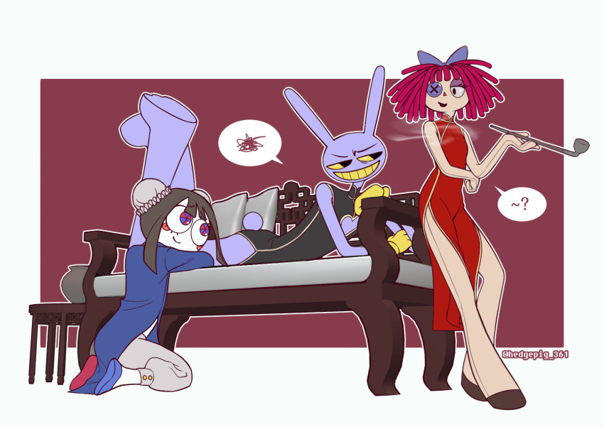 1boy 2girls ? blue_eyes brown_hair closed_mouth colored_skin colored_teeth commentary couch elbow_rest english_commentary hedgepig_361 highres holding holding_smoking_pipe jax_(the_amazing_digital_circus) legs_up looking_at_another looking_to_the_side looking_up multicolored_eyes multiple_girls on_couch open_mouth pomni_(the_amazing_digital_circus) purple_hair purple_skin ragatha_(the_amazing_digital_circus) red_background red_eyes smile smoking_pipe speech_bubble table talking the_amazing_digital_circus two-tone_eyes vase white_background yellow_eyes yellow_teeth