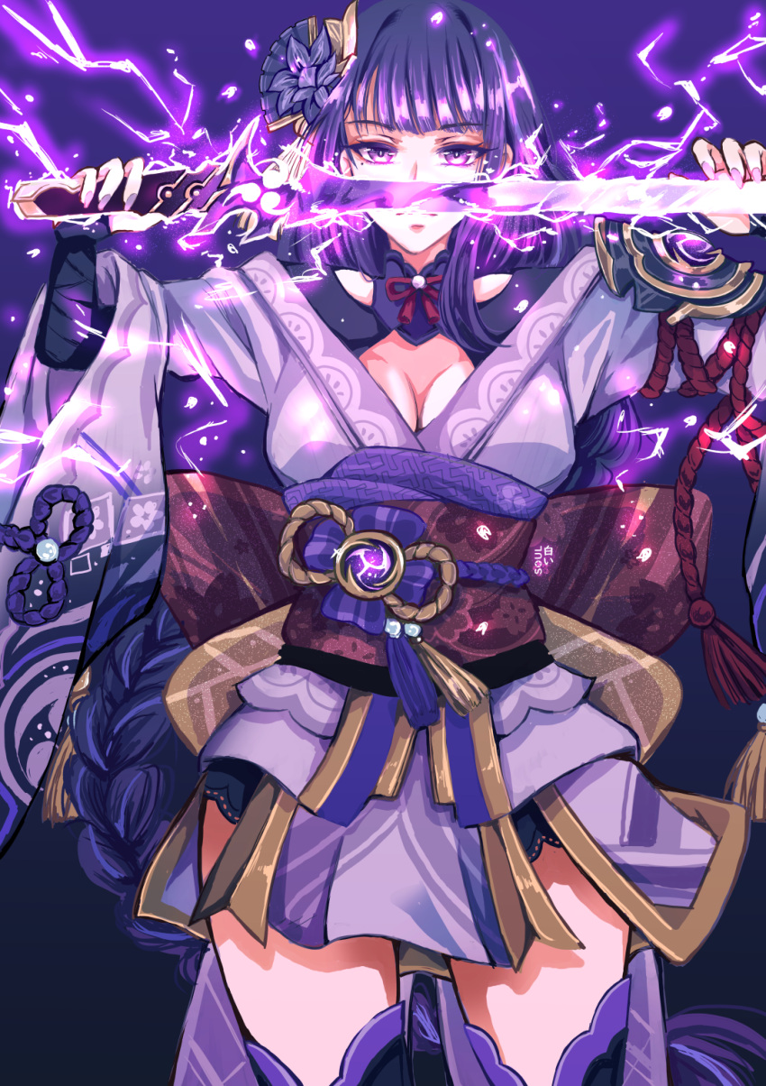 1girl back_bow blunt_bangs bow braid breasts bridal_gauntlets cleavage closed_mouth clothing_cutout commentary electricity fan_hair_ornament genshin_impact glowing glowing_sword glowing_weapon hair_ornament highres holding holding_sword holding_weapon japanese_clothes katana kimono large_breasts lingerie looking_at_viewer mitsudomoe_(shape) mole mole_under_eye neck_ribbon off_shoulder purple_background purple_eyes purple_hair purple_kimono purple_thighhighs raiden_shogun red_ribbon red_sash ribbon sash shade shiroisoul shoulder_cutout solo standing sword thighhighs tomoe_(symbol) underwear upper_body weapon wide_sleeves