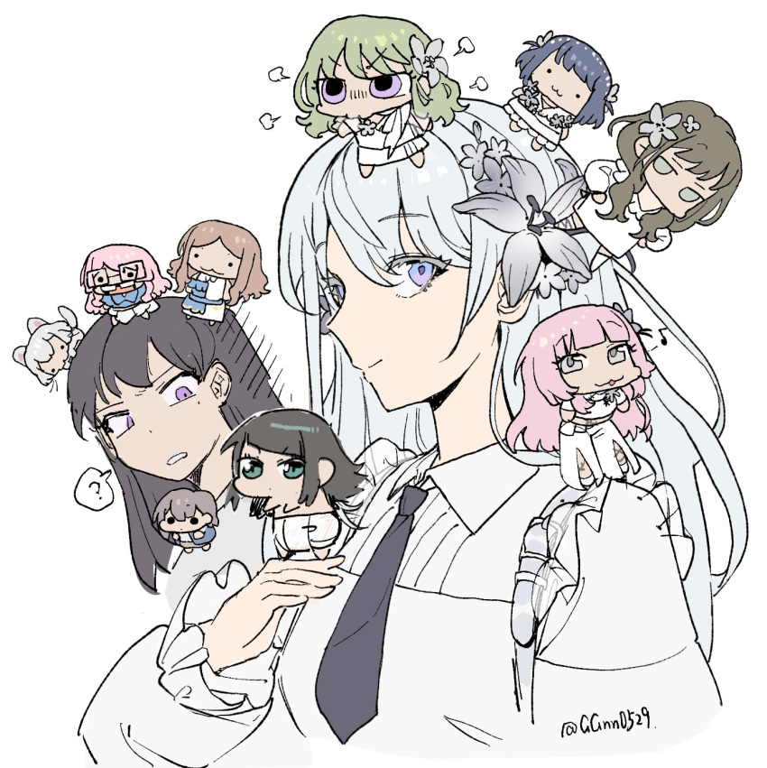 6+girls :3 ? animal_ears bang_dream! bang_dream!_it's_mygo!!!!! bang_dream!_our_notes black_hair black_necktie blue_eyes blue_hair brown_hair chibi chihaya_anon diaper flower glasses green_hair guagua977 hair_flower hair_ornament hamasaki_mahoro highres izawa_natsume izumi_houka kaname_raana kotohira_nagi long_hair millsage_(bang_dream!) multiple_girls mygo!!!!!_(bang_dream!) nagasaki_soyo necktie open_mouth pink_hair purple_eyes shiina_taki shiomi_hotaru shirt simple_background takamatsu_tomori twitter_username white_background white_hair white_shirt yahata_umiri