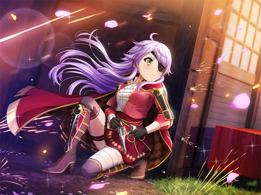 1girl ahoge armor bandaged_leg bandages black_boots black_gloves boots breasts cape closed_mouth eyepatch floating_hair game_cg gloves gun high_heel_boots high_heels holding holding_gun holding_weapon jacket kneeling long_sleeves medium_breasts official_art one_eye_covered otonashi_ichie petals projectile_trail purple_hair red_cape red_jacket red_skirt reloading revolver shirt shoujo_kageki_revue_starlight shoujo_kageki_revue_starlight_-re_live- shoulder_armor skirt solo thigh_boots trigger_discipline v-shaped_eyebrows weapon white_shirt yellow_eyes