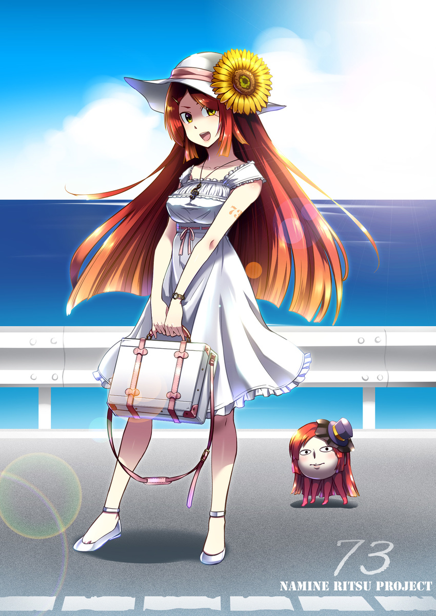 breasts brown_hair caffein crossdressing dress flower guard_rail hat highres jewelry long_hair medium_breasts namine_ritsu necklace ocean open_mouth otoko_no_ko smile suitcase sun sun_hat sundress sunflower tattoo utau white_dress yellow_eyes