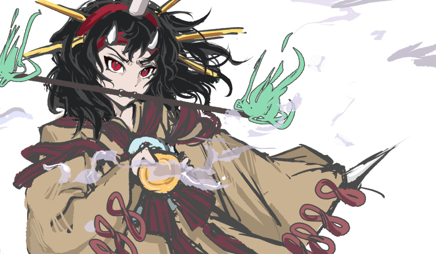 1other absurdres androgynous angry black_hair bow bowl bowtie brooch brown_kimono chinese_commentary commentary_request cowboy_shot dagger demon_horns fake_horns fangs fire floating_hair furrowed_brow hair_ornament hairband hairpin headband highres holding holding_bowl holding_dagger holding_knife holding_weapon horns japanese_clothes jewelry kimono knife len'en long_hair long_sleeves looking_at_viewer mouth_guard multiple_hairpins other_focus otogisum3 red_bow red_bowtie red_eyes red_hairband red_headband red_ribbon ribbon simple_background sleeve_ribbon sleeves_past_fingers sleeves_past_wrists slit_pupils smoke solo striped_bow striped_bowtie striped_clothes taira_no_chouki weapon white_background white_horns wide_sleeves