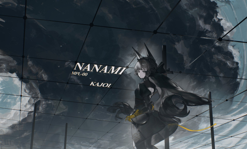 1girl black_bow black_skirt bow character_name closed_mouth commentary_request cowboy_shot from_side glass_ceiling grey_eyes grey_hair hair_bow headgear highres juliet_sleeves kajol98606618 long_hair long_sleeves looking_at_viewer mechanical_arms medium_skirt nanami:_storm_(pgr) nanami_(pgr) puffy_sleeves punishing:_gray_raven skirt solo standing turning_head very_long_hair