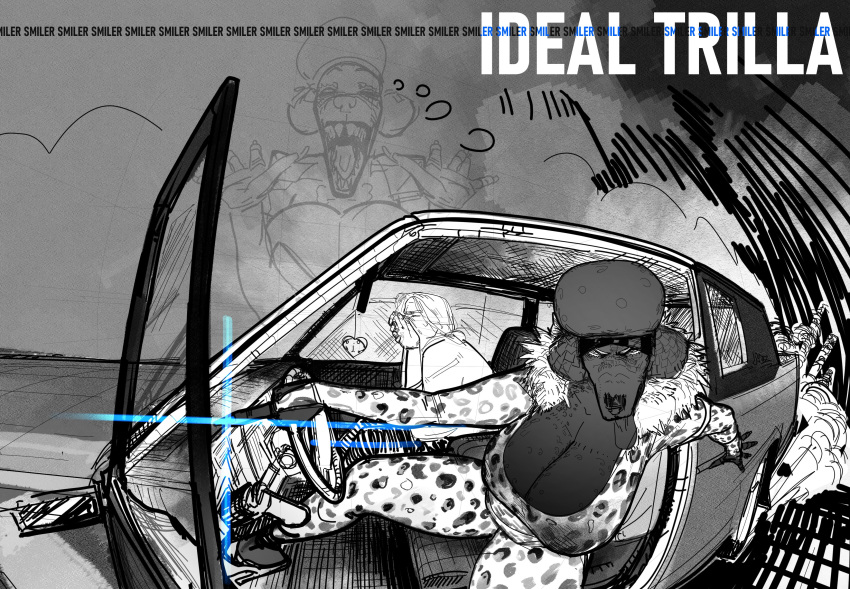 2025 absurd_res animal_print anthro big_breasts bodysuit breasts brothersmiler burnout canid canine canis car_door car_interior cleavage clothed clothing covering covering_mouth domestic_dog dream driving_car duo female footwear gesture hand_gesture hat headgear headwear hi_res high_heels huge_breasts human leopard_print male mammal middle_finger poodle reflection shoes signature sitting_in_car sketch skinsuit steering_wheel text thick_thighs tight_clothing tongue tongue_out trilla_(brothersmiler) visor_cap
