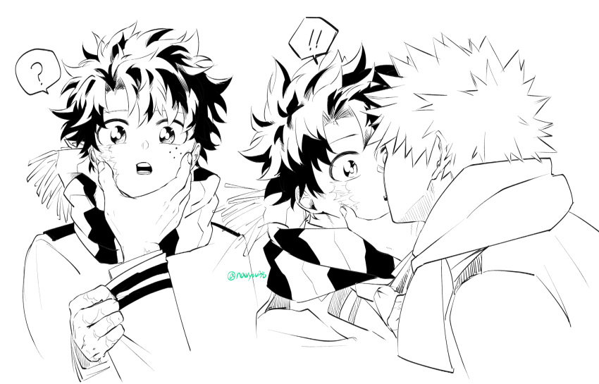 ! !! 2boys ? bakugou_katsuki boku_no_hero_academia commentary_request freckles greyscale hand_on_another's_face highres jacket kiss lapels layered_sleeves long_sleeves looking_at_another male_focus midoriya_izuku monochrome multiple_boys multiple_views navyou38 open_mouth parted_hair scar scar_on_cheek scar_on_face scarf school_uniform short_hair simple_background spiked_hair spoken_exclamation_mark spoken_question_mark u.a._school_uniform white_background wide-eyed yaoi