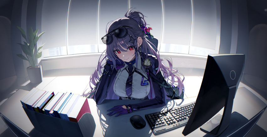 1girl backlighting bookshelf breasts collared_shirt computer_keyboard computer_mouse desk diagonal-striped_clothes diagonal-striped_necktie diamond-shaped_pupils diamond_(shape) diamond_hair_ornament earrings eyewear_on_head flower_hairpin game_cg gloves hair_between_eyes hair_ornament hand_on_own_face highres indoors jewelry kirima_ruka large_breasts long_hair looking_at_viewer monitor necktie non-web_source plant poker_fate potted_plant purple_gloves purple_hair purple_necktie red_eyes shirt silhouette solo striped_clothes sunglasses symbol-shaped_pupils tie_clip white_shirt window_blinds window_shadow wireless_keyboard wireless_mouse