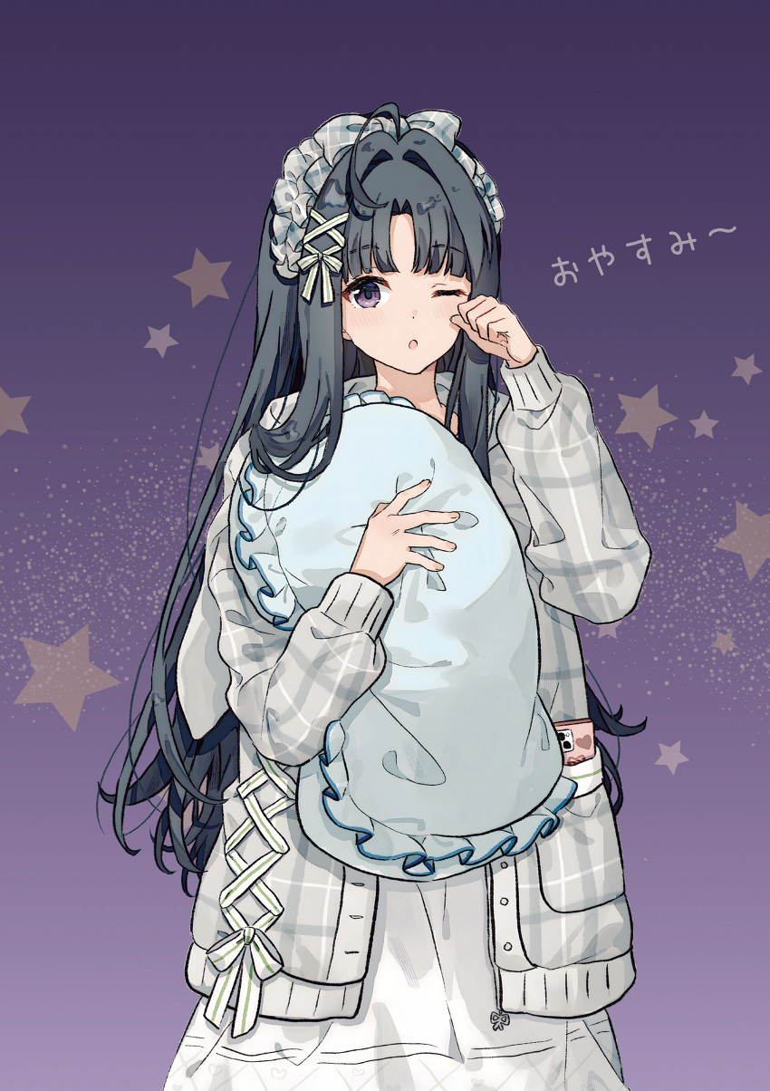 1girl ;o absurdres ahoge alternate_costume awa_subaru black_hair bow chinese_commentary commentary_request dress frilled_pillow frills girls_band_cry gradient_background grey_jacket hair_bow hair_intakes hair_ornament hand_up highres holding holding_pillow hugging_object jacket long_hair long_sleeves looking_at_viewer migolu nuoweisenlin_tongren_gongzuoshi one_eye_closed open_clothes parted_bangs parted_lips pillow pillow_hug puffy_long_sleeves puffy_sleeves purple_background purple_eyes rubbing_eyes sleepy sleeves_past_wrists solo star_(symbol) subaru_(brand) very_long_hair x_hair_ornament