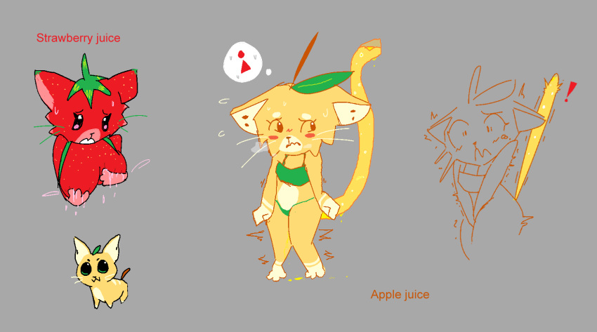 anthro apple_juice big_breasts blush bodily_fluids bra breasts cheek_tuft cider_(theonetruesinner) clothing domestic_cat duo elemental_creature english_text facial_tuft fakemon felid feline felis female female_peeing flora_fauna food food_creature fruit fur genital_fluids green_bra green_clothing green_underwear grey_background hand_on_breast hand_on_own_breast hi_res juice_(beverage) lactating lactating_juice leaf leaf_bra living_fruit looking_away looking_down_at_breasts mammal omorashi peeing pictographics plant red_body red_fur simple_background smile strawpurry_(theonetruesinner) sweat tail tail_bladder text theonetruesinner thought_bubble tuft underwear unusual_bodily_fluids unusual_genital_fluids unusual_lactation unusual_urine urine watersports wetting whiskers yellow_body yellow_fur