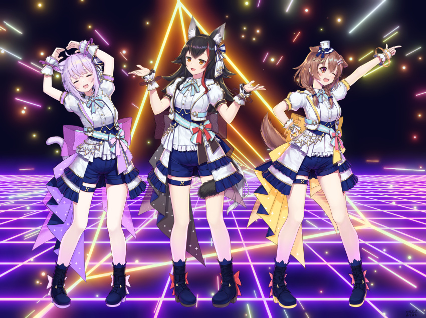 3girls absurdres ahoge animal_ears ankle_boots artist_name back_bow black_boots black_hair black_tail blue_bow blue_bowtie blue_shorts blue_socks blush bone_hair_ornament boots bow bowtie braid braided_twintails breasts brooch brown_eyes brown_hair brown_tail cat_ears cat_girl cat_tail closed_eyes color-coded colored_shoe_soles commentary commentary_request dated dog_ears dog_girl dog_tail double-parted_bangs extra_ears flipped_hair footwear_bow full_body glowing_floor hair_between_eyes hair_ornament hairclip hand_on_own_hip heart_arms high_heel_boots high_heels highres hololive hololive_idol_uniform_(bright) index_finger_raised inugami_korone jacket jewelry large_bow layered_skirt long_hair looking_at_viewer low_twin_braids low_twintails medium_breasts multiple_girls nekomata_okayu ookami_mio overskirt parallel_hairclips puffy_short_sleeves puffy_sleeves purple_hair purple_tail red_streaks sash shirt short-sleeved_jacket short_hair short_shorts short_sleeves shorts shrugging sidelocks signature single_hair_streak skirt socks spiked_hair tail tail_around_own_leg tail_wrap thigh_strap traveler_(artbbt) twin_braids twintails two-sided_fabric two-sided_skirt underbust virtual_youtuber waist_bow white_jacket white_overskirt white_shirt white_skirt wolf_ears wolf_girl wolf_tail