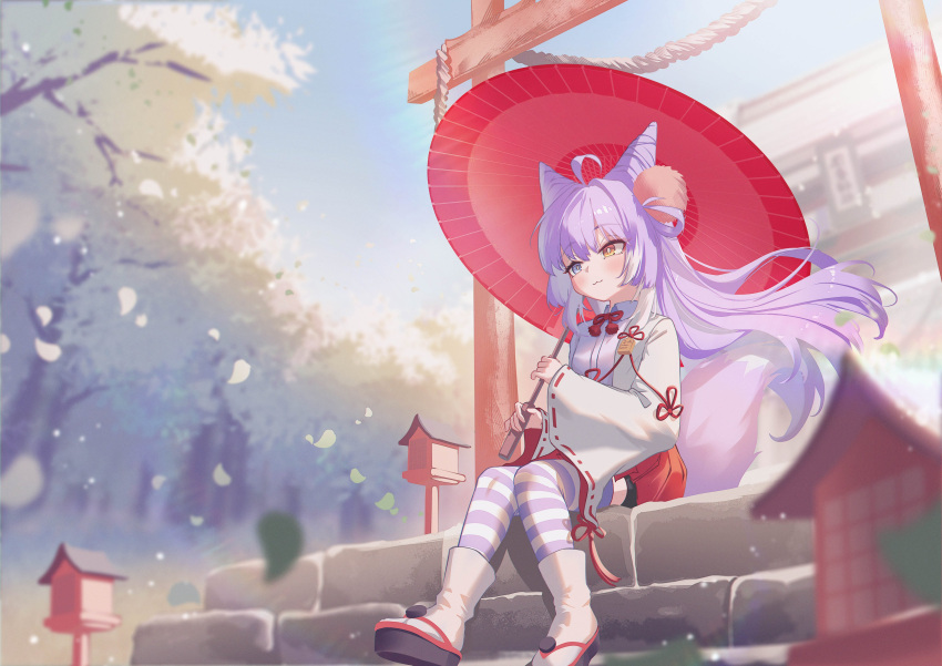 1girl :3 absurdres ahoge blue_eyes blue_shirt blurry blurry_background blush bow bowtie closed_mouth collared_shirt day depth_of_field double_bun eye_contact falling_petals flower full_body furisode_sleeves hair_bun hair_ornament hashtag-only_commentary heterochromia highres holding holding_umbrella hyin kosode lantern long_hair looking_at_another nontraditional_miko oil-paper_umbrella okobo outdoors petals platform_sandals pom_pom_(clothes) pom_pom_hair_ornament purple_eyes red_bow red_bowtie red_skirt sandals shirt shrine sitting sitting_on_stairs skirt solo stairs stellive striped_clothes striped_thighhighs tabi tenko_shibuki thighhighs torii tree umbrella virtual_youtuber wing_collar yellow_eyes