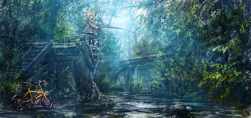 bicycle blonde_hair blue_eyes dress fishing_rod forest ground_vehicle lm7_(op-center) nature original scenery short_hair solo tree water