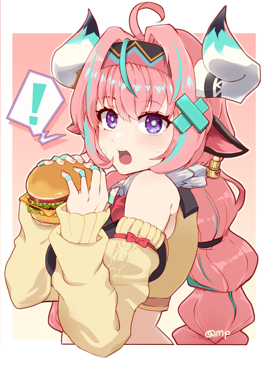! 1girl ahoge animal_ears bandaid bandaid_on_cheek bandaid_on_face bandaid_on_finger bandaid_on_hand blue_hair burger cow_ears cow_girl cow_horns crop_top cropped_torso detached_sleeves food from_side fur_collar genshin_impact hair_intakes hair_ornament hairband highres holding holding_burger holding_food horns kinokisaki long_hair long_sleeves looking_at_viewer midriff multi-tied_hair multicolored_hair nail_polish open_mouth pink_hair purple_eyes shirt sleeveless sleeveless_shirt solo spoken_exclamation_mark streaked_hair sweat varesa_(genshin_impact) x_hair_ornament