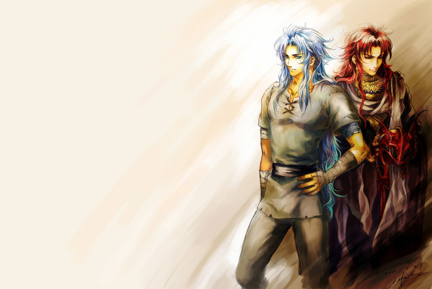 blue_eyes blue_hair cloak gemini_kanon gemini_saga geminibluedream headwear_removed helmet helmet_removed long_hair male_focus multiple_boys red_eyes red_hair saint_seiya siblings twins wavy_hair