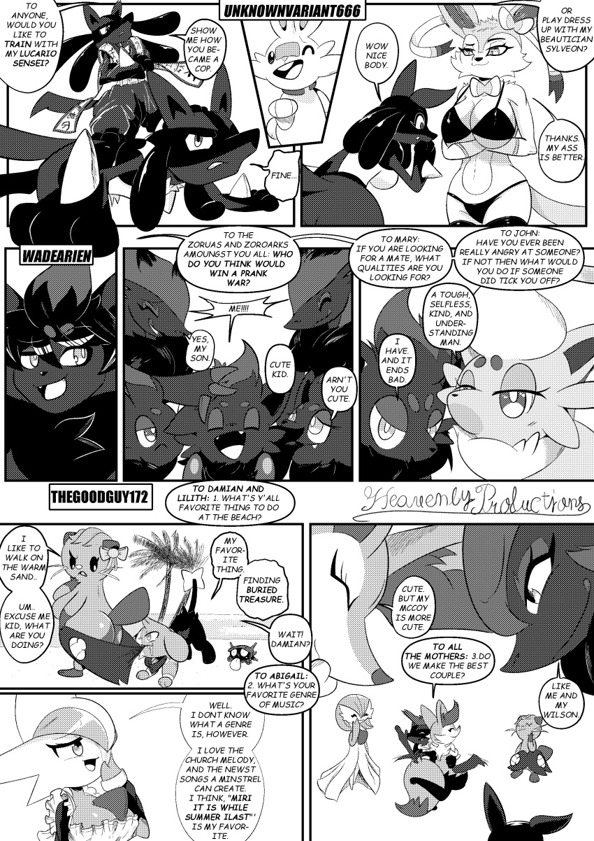 2025 9_panel_comic absurd_res ambiguous_gender anthro arm_under_breasts big_breasts bikini biped black_bikini black_clothing black_swimwear black_text bow_ribbon braixen breasts butt cheek_tuft cleavage clenched_teeth closed_smile clothed clothing comic crossed_arms dewott dialogue eeveelution ellipsis english_text exclamation_point eyebrows eyelashes eyes_closed facial_tuft female feral fluffy fluffy_tail fur gallade gardevoir generation_1_pokemon generation_3_pokemon generation_4_pokemon generation_5_pokemon generation_6_pokemon generation_8_pokemon hair half-closed_eyes heavenlyproductions hi_res hisuian_form hisuian_zorua hug hugging_another inner_ear_fluff looking_at_breasts lucario maid_uniform marine monochrome mouth_closed narrowed_eyes nintendo one_eye_closed open_mouth open_smile palm_tree pawpads paws plant pokemon pokemon_(species) pupils quadruped question_mark regional_form_(pokemon) scorbunny sharp_teeth shellder shinx smile speech_bubble spikes spikes_(anatomy) standing standing_on_another stick_in_tail swimwear sylveon tail talking_to_another teeth text tongue tree tuft two-piece_swimsuit uniform white_sclera zoroark zorua