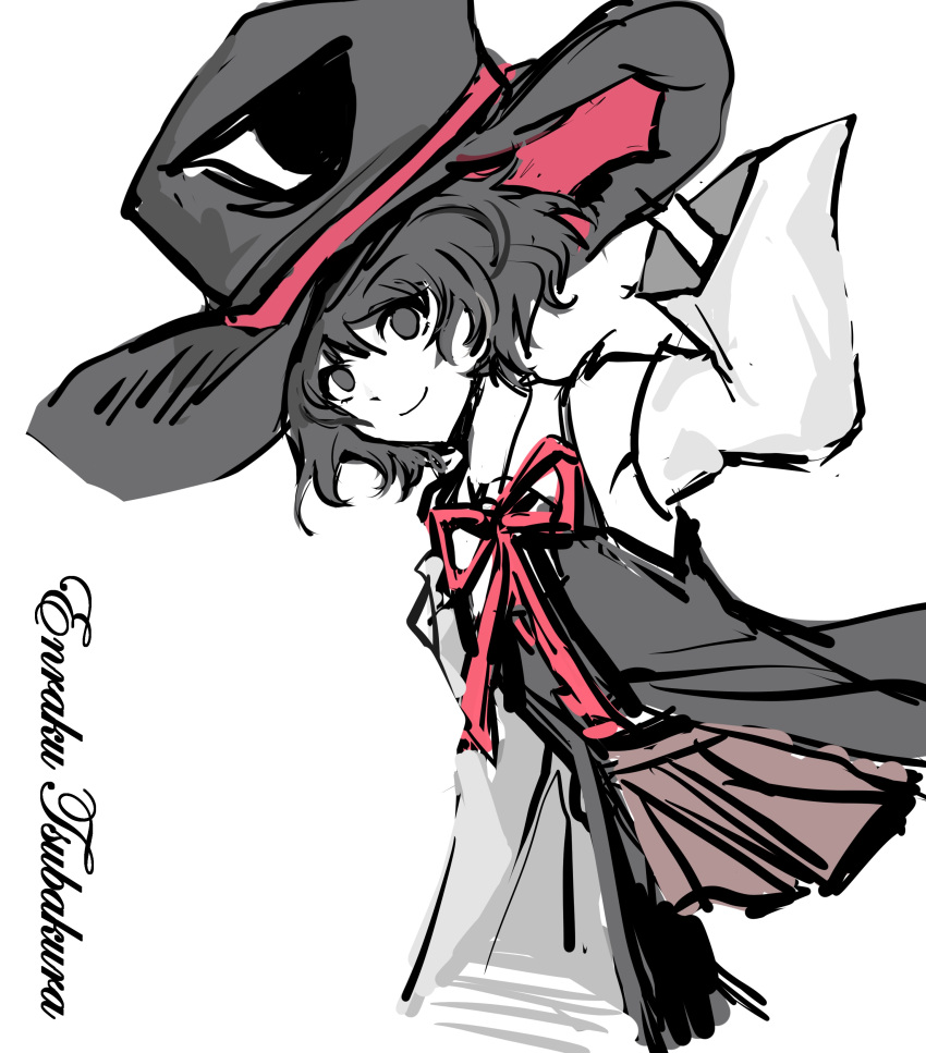 1other absurdres androgynous bare_shoulders black_coat black_hair black_hat brown_hakama character_name closed_mouth coat collared_shirt cropped_legs detached_sleeves dot_nose dutch_angle enraku_tsubakura eye_of_senri flat_color hair_between_eyes hakama hakama_short_skirt hakama_skirt hand_on_headwear happy hat highres japanese_clothes len'en long_sleeves neck_ribbon other_focus otogisum3 red_hat red_ribbon ribbon ribbon-trimmed_coat ribbon_trim shirt short_hair simple_background skirt sleeveless sleeveless_coat sleeveless_shirt smile solo top_hat two-sided_fabric two-sided_headwear white_background white_shirt white_sleeves wide_sleeves
