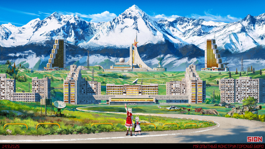 2girls absurdly_detailed_composition apartment apron boots building child cloud commentary_request complex_exterior dress grass highres leather leather_boots multiple_girls neckerchief outdoors radio_antenna radio_tower red_apron red_neckerchief road rooftop satellite_dish scenery school_uniform science_fiction sion005 sky snow soviet white_dress white_hair