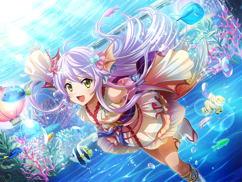 1girl air_bubble bubble coral detached_sleeves fins fish frilled_kimono frills game_cg head_fins japanese_clothes kimono long_hair looking_at_viewer official_art otonashi_ichie outstretched_arms purple_hair sandals shoujo_kageki_revue_starlight shoujo_kageki_revue_starlight_-re_live- sleeveless sleeveless_kimono socks solo standing standing_on_one_leg underwater white_socks yellow_eyes yellow_kimono yellow_sleeves