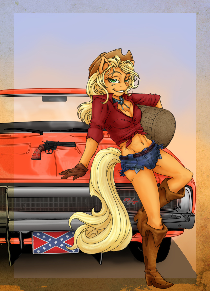 anthro anthrofied applejack_(mlp) belt blonde_hair boots breasts car cleavage clothed clothing cowboy_hat equine farthingale female freckles friendship_is_magic gloves green_eyes gun hair hat horse long_hair mammal my_little_pony navel necktie orange orange_body outside pony pose ranged_weapon revolver shirt shorts smile solo standing teeth weapon