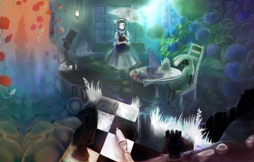 alice_in_wonderland bishop_(chess) black_hair blue_eyes board_game book bunny cat chair checkered chess chess_piece flower gin_ji hat rook_(chess) rose teapot top_hat umbrella