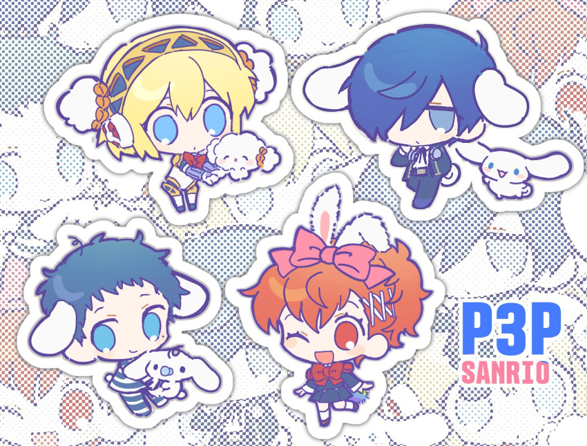 2boys 2girls :/ ;d aigis_(persona) android animal_ears asymmetrical_bangs ben-day_dots blonde_hair blue_eyes blue_hair bow brown_hair character_request chibi chibi_only chibikemo cinnamoroll cinnamoroll_(cosplay) closed_mouth commentary_request copyright_name cosplay dog_ears dot_mouth double-parted_bangs expressionless gekkoukan_high_school_uniform hair_between_eyes hair_bow hair_over_one_eye jitome korean_commentary looking_at_viewer looking_to_the_side milk_(cinnamoroll) mole mole_under_eye multiple_boys multiple_girls no_nose one_eye_closed one_eye_covered open_mouth outline persona persona_3 persona_3_portable pharos pink_bow ponytail rabbit_ears red_eyes sanrio school_uniform screentones shiomi_kotone short_bangs short_hair smile tofu_sando white_outline yuuki_makoto_(persona_3) zoom_layer
