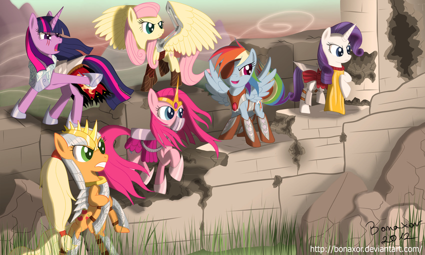 battle bonaxor equine female feral fluttershy_(mlp) friendship_is_magic group horn horse mammal mares my_little_pony pegasus pinkie_pie_(mlp) ponies pony rainbow_dash_(mlp) rarity_(mlp) team_awesome twilight_sparkle_(mlp) unicorn wings
