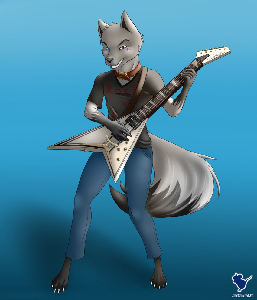 collar electric_guitar greg_jackson(character) greg_jackson_(character) guitar guitarist heavy_metal leather_collar looking_at_viewer male mammal metalhead renate_the_rat(artist) renatetherat solo standing wolf