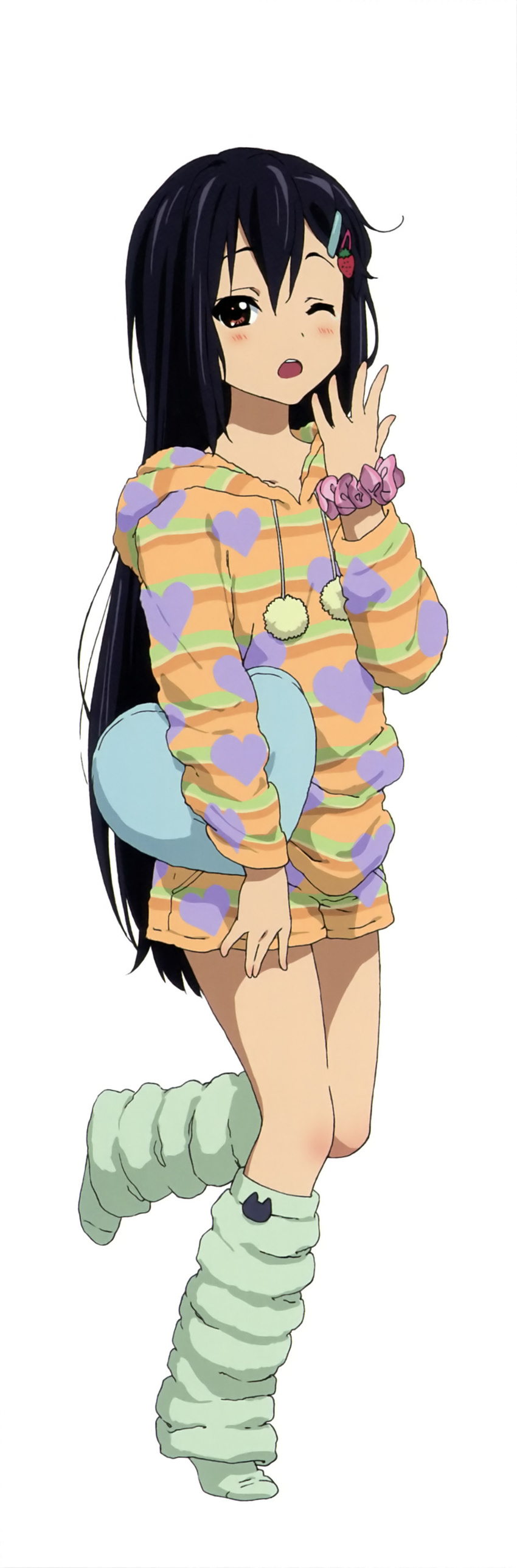 absurdres artist_request hair_down highres k-on! long_image loungewear nakano_azusa official_art one_eye_closed stick_poster tall_image