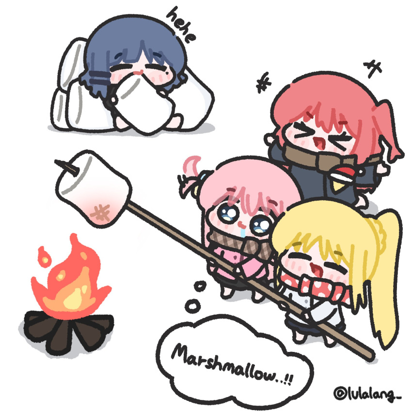 >_< +++ 4girls black_skirt blue_coat blue_eyes bocchi_the_rock! chibi chibi_only closed_eyes closed_mouth coat commentary drooling eating english_commentary fire fireplace food gotoh_hitori hair_ornament hair_wagging hairclip highres holding holding_stick ijichi_nijika jacket kessoku_band kita_ikuyo long_hair lulalang marshmallow multiple_girls one_side_up open_mouth parallel_hairclips pink_hair pink_jacket saliva shirt simple_background skirt smile speech_bubble stick thought_bubble twitter_username white_background white_shirt yamada_ryo