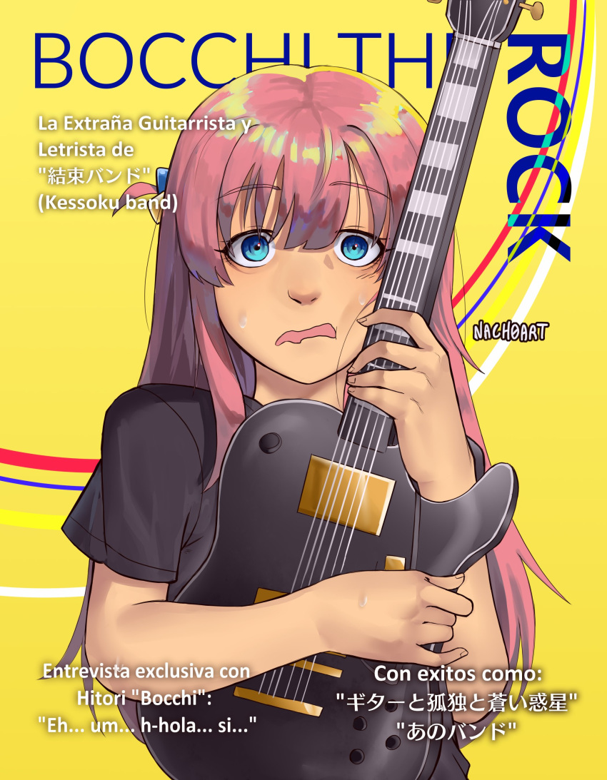 absurdres ahoge black_shirt blue_eyes bocchi_the_rock! circle cube_hair_ornament english_text gotoh_hitori guitar hair_ornament highres holding holding_guitar holding_instrument instrument long_hair looking_at_viewer nach0art pink_hair shirt short_sleeves spanish_text upper_body wavy_mouth yellow_background