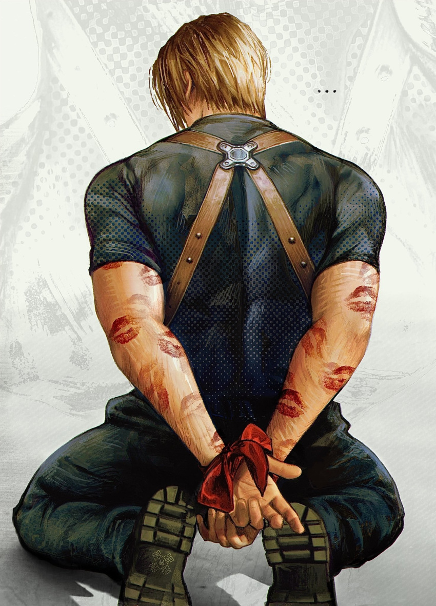 ... 1boy arms_behind_back ben-day_dots black_pants black_shirt blonde_hair bound bound_wrists from_behind full_body highres itssanlee kneeling leon_s._kennedy lipstick_mark lipstick_mark_on_arm male_focus pants red_ribbon resident_evil resident_evil_4 ribbon screentones shirt shoes short_sleeves solo