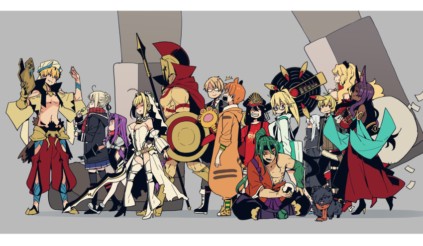 /\/\/\ 4boys 6+girls :d aestus_estus ahoge animal_ears artoria_pendragon_(all) bag black-framed_eyewear black_jacket black_neckwear black_ribbon blank_eyes blonde_hair blue_eyes blue_skirt blush boots braid braided_bun breasts buster_shirt character_request closed_mouth commentary_request dango dark_skin dog dress eating eyes_closed fate/grand_order fate_(series) food from_side gauntlets giant gilgamesh gilgamesh_(caster)_(fate) glasses grin hair_bun hair_ribbon hand_up hat headband helm helmet highres holding holding_weapon imigimuru jacket jaguar_ears jaguar_print jaguarman_(fate/grand_order) jitome lance large_breasts leonidas_(fate/grand_order) long_hair long_sleeves medusa_(lancer)_(fate) multiple_boys multiple_girls mysterious_heroine_x_(alter) navel nero_claudius_(bride)_(fate) nero_claudius_(fate)_(all) oda_nobunaga_(fate) opaque_glasses open_mouth orange_hair pants peaked_cap pleated_skirt polearm ponytail purple_hair queen_of_sheba_(fate/grand_order) red_pants red_scarf red_shirt ribbon rider sanshoku_dango scarf semi-rimless_eyewear shield shirt short_hair shoulder_bag single_gauntlet skirt smile smug under-rim_eyewear wagashi walking weapon wedding_dress white_dress wide-eyed