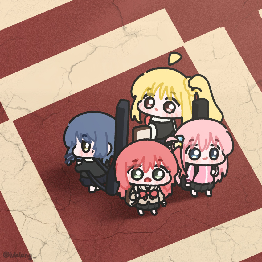 4girls absurdres ahoge black_shirt black_skirt blonde_hair blue_eyes blue_hair bocchi_the_rock! bow bowtie brown_eyes brown_shirt chibi chibi_only closed_mouth commentary cube_hair_ornament derivative_work detached_ahoge english_commentary expressionless from_above gotoh_hitori green_eyes guitar_case hair_ornament highres ijichi_nijika instrument_case jacket kessoku_band kita_ikuyo long_hair looking_at_viewer lulalang multiple_girls open_mouth pink_hair pink_jacket red_bow red_bowtie red_hair school_uniform shirt short_hair shuka_high_school_uniform side_ponytail skirt standing straight_hair turning_head twitter_username yamada_ryo yellow_eyes