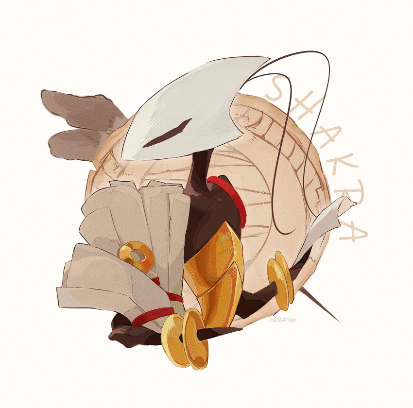 1girl antennae arthropod_girl artist_name bag ben-day_dots chakram character_name commentary highres hightguy holding holding_paper hollow_knight hollow_knight:_silksong looking_to_the_side paper red_bag red_ribbon ribbon screentones scroll shakra_(hollow_knight) shoulder_bag solo upper_body weapon white_background