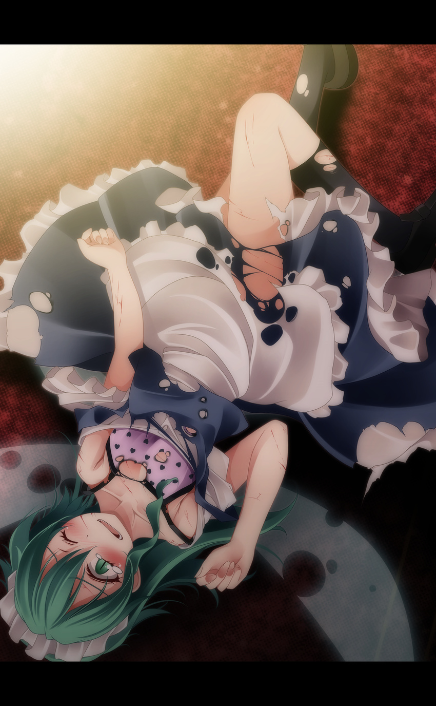 absurdres bad_id bad_pixiv_id fairy_maid fairy_wings green_eyes green_hair highres injury kneehighs letterboxed lying maid maid_headdress on_back one_eye_closed open_mouth s-syogo scratches slit_pupils solo tears torn_clothes touhou upside-down wince wings