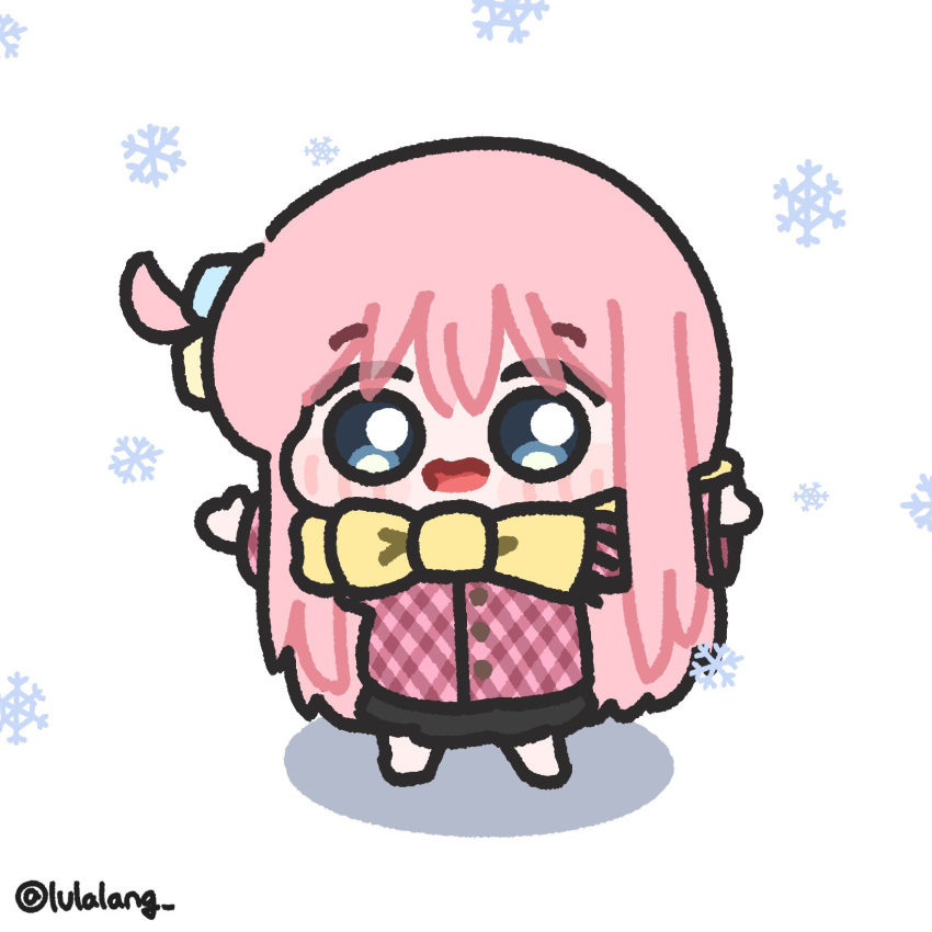 1girl black_skirt blue_eyes bocchi_the_rock! chibi chibi_only coat commentary english_commentary full_body gotoh_hitori highres long_hair looking_at_viewer lulalang one_side_up open_mouth pink_coat pink_hair scarf simple_background skirt smile snowflakes snowing solo standing twitter_username white_background yellow_scarf