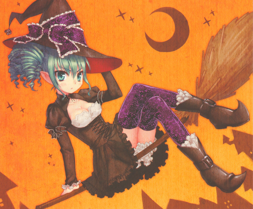 asaki_yuzuno belt_boots boots breasts broom broom_riding brown_dress brown_footwear cleavage copyright_request crescent_moon crossed_legs dress drill_hair frilled_dress frills full_body green_eyes green_hair hand_on_headwear hat hat_ribbon highres juliet_sleeves long_sleeves looking_at_viewer medium_breasts moon pointy_ears pointy_shoes print_legwear puffy_sleeves purple_legwear ribbon scan shoes sidesaddle sitting solo star thighhighs witch witch_hat