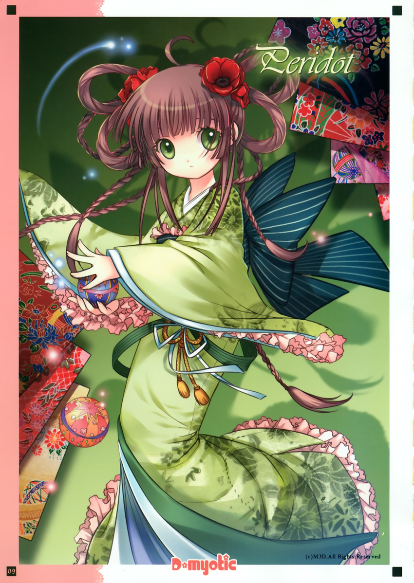 absurdres ahoge braid brown_hair dmyotic green_eyes hair_ornament highres japanese_clothes kimono long_hair peridot_(manga) shirahane_nao solo