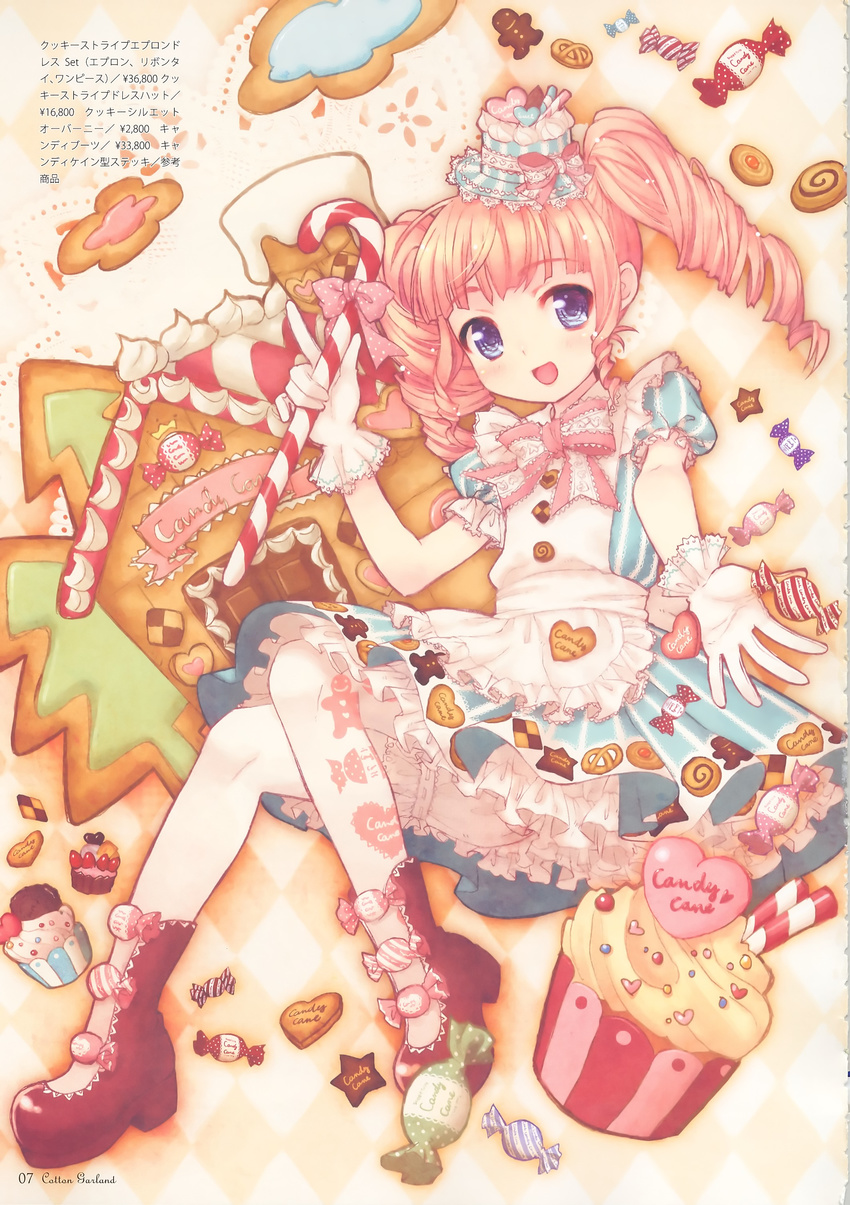 :d absurdres apron argyle argyle_background asaki_yuzuno bloomers boots bow candy candy_cane checkerboard_cookie cookie copyright_request cupcake dress drill_hair food food_themed_clothes frilled_apron frilled_gloves frills full_body gingerbread_house gingerbread_man gloves hat heart-shaped_food highres holding holding_candy_cane lolita_fashion looking_at_viewer mini_hat mini_top_hat open_mouth pantyhose petticoat pink_hair print_dress print_legwear puffy_short_sleeves puffy_sleeves purple_eyes ribbon scan scan_artifacts short_sleeves sidelocks smile solo striped sweet_lolita thumbprint_cookie top_hat twin_drills twintails underwear vertical-striped_dress vertical_stripes white_gloves white_legwear